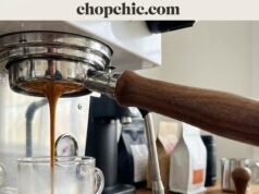 The Naked Truth: 3 Reasons Why You Should Switch to a Bottomless Portafilter _A close-up low-angle view of a bottomless portafilter pulling a shot, showing the espresso converging into a single stream without spraying, illustrating a perfect extraction with rich, undisturbed crema.