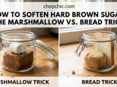How to Soften Hard Brown Sugar: The Marshmallow vs. Bread Trick _A split-view demonstration showing three methods to soften a solid brick of brown sugar: placing a slice of white bread inside an airtight container, adding large marshmallows to the sugar, and microwaving a hardened block covered with a damp paper towel.