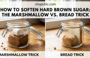 How to Soften Hard Brown Sugar: The Marshmallow vs. Bread Trick _A split-view demonstration showing three methods to soften a solid brick of brown sugar: placing a slice of white bread inside an airtight container, adding large marshmallows to the sugar, and microwaving a hardened block covered with a damp paper towel.