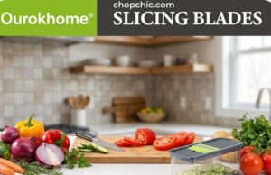 Ourokhome Mandoline Slicer Review: The 6-in-1 Mess Killer? _A red Ourokhome 6-in-1 Mandoline Slicer cutting potatoes into waffle fries directly into its clear collection container, demonstrating the mess-free design and the use of the safety hand guard.