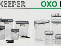 ProKeeper vs. OXO POP: Which Brown Sugar Container Seals Better? _A side-by-side test of the Progressive Brown Sugar Keeper featuring an integrated terracotta disc against the OXO POP container with its signature push-button seal, both storing brown sugar.