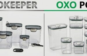 ProKeeper vs. OXO POP: Which Brown Sugar Container Seals Better? _A side-by-side test of the Progressive Brown Sugar Keeper featuring an integrated terracotta disc against the OXO POP container with its signature push-button seal, both storing brown sugar.