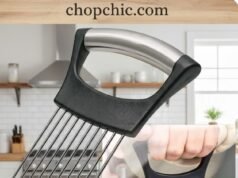 QPEY Onion Holder Review: Why Is This Simple Gadget a Best-Seller? _A close-up of the QPEY onion holder inserted into a red onion, with a chef's knife cutting between the stainless steel prongs to create perfectly even slices without touching the vegetable.