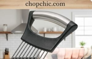 QPEY Onion Holder Review: Why Is This Simple Gadget a Best-Seller? _A close-up of the QPEY onion holder inserted into a red onion, with a chef's knife cutting between the stainless steel prongs to create perfectly even slices without touching the vegetable.