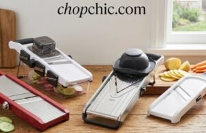 Safe Slicing: The Best Mandoline Slicers with Hand Guards (Rated & Reviewed) _A user slicing vegetables on a stainless steel Gramercy mandoline while wearing grey cut-resistant gloves and using the included plastic hand guard, demonstrating the dual-layer safety protection.