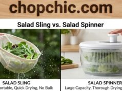 Salad Sling vs. Salad Spinner: Do You Really Need to Swing Your Greens? _A side-by-side comparison of the Salad Sling microfiber pouch folded compactly on a counter versus a bulky traditional plastic salad spinner, illustrating the massive storage space difference between the two tools.