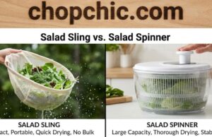Salad Sling vs. Salad Spinner: Do You Really Need to Swing Your Greens? _A side-by-side comparison of the Salad Sling microfiber pouch folded compactly on a counter versus a bulky traditional plastic salad spinner, illustrating the massive storage space difference between the two tools.