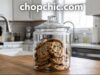 Anchor Hocking Heritage Hill Jar Review: Beautiful, But Let’s Talk About That Lid _A large, clear glass Anchor Hocking Heritage Hill jar featuring a heavy, all-glass lid resting loosely on the rim without a silicone gasket, displayed on a kitchen counter filled with a large batch of cookies.