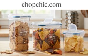 Keep the Crunch: Best Airtight Containers for Crackers and Chips A split visual on a kitchen counter showing a stale, half-empty bag of potato chips folded over with a standard plastic clip, placed next to three clear airtight containers: a wide-mouth push-button jar for tortilla chips, a specialized modular latching bin for pretzels, and a slim rectangular container perfectly sized for saltine crackers.