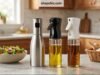 The 4 Best Oil Sprayers for Air Fryers A side-by-side display on a kitchen counter featuring four distinct reusable oil sprayers a brushed aluminum Misto, a BPA-free Evo trigger bottle, a glass 2-in-1 TrendPlain dispenser, and a clear glass YARRAMATE mister—lined up directly in front of an open, non-stick air fryer basket.