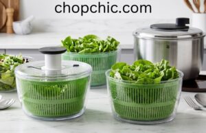 The 5 Best Salad Spinners & Green Dryers (Tested & Reviewed) A side-by-side kitchen counter display comparing three distinct salad spinners a clear plastic model with a vertical push-pump, a heavy-duty stainless steel bowl featuring a traditional rotary crank, and a compact pull-cord design—surrounded by freshly washed, bone-dry romaine lettuce leaves and a cruet of vinaigrette.