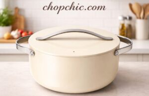 Caraway Dutch Oven Review: Safe for Sourdough Baking? A sleek, sage green Caraway ceramic-coated cast aluminum Dutch oven resting on a marble kitchen island, its pristine non-stick interior exposed next to a heavily floured, raw sourdough boule waiting to be baked.