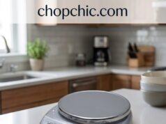 Escali Primo Scale Review: Two Buttons, One Job, Done Well A top-down view of a classic Escali Primo digital kitchen scale on a wooden countertop, displaying its simple two-button interface and a glass bowl of flour resting on the raised plastic weighing platform to demonstrate its functional capacity.