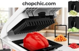 Fullstar Pro Chopper Review: 125,000 Ratings Later, Is It Still Worth It? A clear Fullstar Pro vegetable chopper resting on a kitchen counter, featuring the heavy-duty stainless steel dicing grid locked into the base, the top plastic pusher lid left open to expose the back hinge mechanism, and a pile of uniformly diced onions in the transparent catch tray below.