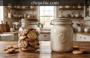 Glass vs Ceramic Cookie Jars: Which One Keeps Cookies Fresh? _A side-by-side visual comparison on a sunlit kitchen counter featuring a clear glass wide-mouth cookie jar with a silicone-sealed lid next to a heavy, opaque glazed ceramic jar, highlighting the difference in light exposure and material density.