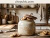 How to Choose a Ceramic Cookie Jar That Actually Keeps Cookies Fresh _A close-up of a decorative glazed ceramic cookie jar with its heavy lid slightly lifted, revealing a thick, ribbed silicone gasket designed to compress against the smooth inner rim to create a vacuum seal.