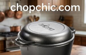 Lodge Double Dutch Oven Review: The Best Sourdough Pot? A black, bare cast iron Lodge 5-Quart Double Dutch Oven on a wooden kitchen counter, specifically configured upside-down so the shallow skillet-lid serves as the base holding a scored, raw sourdough boule, while the deep 5-quart pot hovers above to act as the heavy thermal cover.