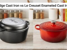 Lodge vs Le Creuset: Sourdough Dutch Oven Test A side-by-side comparison on a wooden bakery table featuring a rugged black Lodge bare cast iron combo cooker and a glossy Cerise red Le Creuset enameled Dutch oven, both holding freshly baked, crusty sourdough boules.