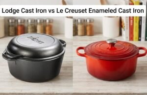 Lodge vs Le Creuset: Sourdough Dutch Oven Test A side-by-side comparison on a wooden bakery table featuring a rugged black Lodge bare cast iron combo cooker and a glossy Cerise red Le Creuset enameled Dutch oven, both holding freshly baked, crusty sourdough boules.