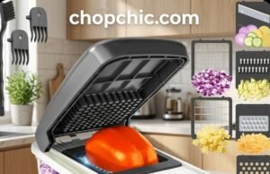 Mueller Pro-Series Chopper Review: Amazon’s Choice Since 2013 A close-up view of the Mueller Pro-Series vegetable chopper on a kitchen counter, highlighting its heavy-duty interchangeable stainless steel dicing blade, the transparent plastic catch container filled with diced onions, and the mandatory safety hand guard resting nearby.