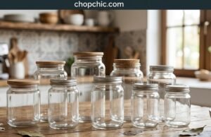 NETANY 16 oz Glass Jars Review _A set of clear glass NETANY food storage jars with airtight bamboo lids, filled with fresh chocolate chip cookies, pasta, and coffee beans, arranged neatly on a modern kitchen countertop.