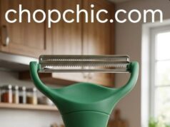 Nonoji MAX Shredder Review: The Tool That Makes Cabbage Worth Eating A close-up view of a bright yellow Nonoji MAX wide-blade cabbage peeler being pulled directly across a halved green cabbage, creating a mound of fluffy, ultra-fine shreds on a wooden cutting board, with the user's stabilizing hand protected by a cut-resistant safety glove.