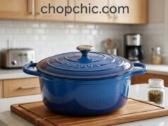 Nuovva Dutch Oven Review: The Best Budget Sourdough Pot? A heavy, red Nuovva 6.4-quart enamelled cast iron Dutch oven resting on a metal cooling rack, with its heavy lid slightly ajar to reveal a perfectly baked, crusty artisan sourdough boule inside, surrounded by a dusting of white flour on a dark kitchen counter.