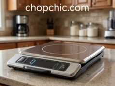 OXO Good Grips 11 lb Kitchen Scale Review: The Pull-Out Display Changes Everything A stainless steel OXO 11 lb food scale on a kitchen counter supporting a large, opaque mixing bowl, with its digital display module pulled out on its extended cord to reveal the illuminated weight reading clearly, completely unobstructed by the bowl's shadow.