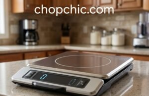OXO Good Grips 11 lb Kitchen Scale Review: The Pull-Out Display Changes Everything A stainless steel OXO 11 lb food scale on a kitchen counter supporting a large, opaque mixing bowl, with its digital display module pulled out on its extended cord to reveal the illuminated weight reading clearly, completely unobstructed by the bowl's shadow.