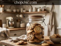 OXO Good Grips POP Cookie Jar Review: Does the Button Justify the Price? _A clear, angled OXO POP Cookie Jar filled with fresh chocolate chip cookies, sitting flush against a kitchen backsplash with its signature white push-button lid engaged to activate the airtight silicone seal.