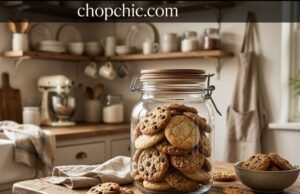 OXO Good Grips POP Cookie Jar Review: Does the Button Justify the Price? _A clear, angled OXO POP Cookie Jar filled with fresh chocolate chip cookies, sitting flush against a kitchen backsplash with its signature white push-button lid engaged to activate the airtight silicone seal.