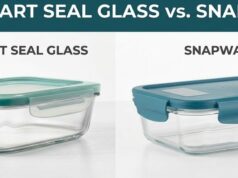 OXO Smart Seal Glass vs. Snapware: Which Lids Last Longer? A side-by-side visual comparison of an OXO Smart Seal glass container and a Snapware glass container, specifically highlighting the differences in their four-tab plastic locking lids, silicone gasket profiles, and vertical stacking stability on a refrigerator shelf.