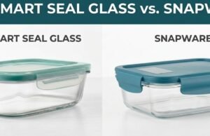 OXO Smart Seal Glass vs. Snapware: Which Lids Last Longer? A side-by-side visual comparison of an OXO Smart Seal glass container and a Snapware glass container, specifically highlighting the differences in their four-tab plastic locking lids, silicone gasket profiles, and vertical stacking stability on a refrigerator shelf.