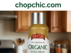 Pompeian Organic Olive Oil Spray Review: No Propellants? A green aluminum Pompeian Organic Olive Oil Spray can resting on a kitchen counter next to a cast iron skillet, with a graphic overlay illustrating its internal bag-on-valve engineering that separates the pure olive oil pouch from the surrounding compressed air.