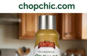 Pompeian Organic Olive Oil Spray Review: No Propellants? A green aluminum Pompeian Organic Olive Oil Spray can resting on a kitchen counter next to a cast iron skillet, with a graphic overlay illustrating its internal bag-on-valve engineering that separates the pure olive oil pouch from the surrounding compressed air.