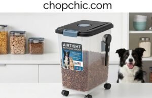 IRIS USA Airtight Dog Food Container Review: 87,000 Reviews Don’t Lie A large, translucent rolling bulk storage container filled with dry food, featuring a heavy-duty clamped lid with an internal gasket and four plastic caster wheels attached to the base, resting on a kitchen floor.