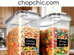 Shazo Extra Large Cereal Containers Review: Does Size Actually Solve the Stale Problem? A large, clear 6.3L Shazo plastic storage container completely filled with a family-size box of cereal, highlighting its black four-hinge locking lid, internal silicone gasket, and flip-top pour spout on a deep pantry shelf.