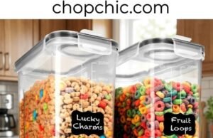 Shazo Extra Large Cereal Containers Review: Does Size Actually Solve the Stale Problem? A large, clear 6.3L Shazo plastic storage container completely filled with a family-size box of cereal, highlighting its black four-hinge locking lid, internal silicone gasket, and flip-top pour spout on a deep pantry shelf.