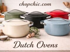 The Ultimate Guide: Best Dutch Ovens for Sourdough Bread A wooden bakery prep table showcasing a perfectly sprung sourdough loaf sliced in half to reveal an airy, open crumb, positioned between a classic deep enameled cast iron pot and a bare iron combo cooker configured with its shallow skillet as the base