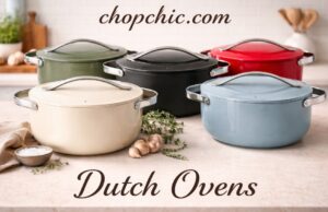 The Ultimate Guide: Best Dutch Ovens for Sourdough Bread A wooden bakery prep table showcasing a perfectly sprung sourdough loaf sliced in half to reveal an airy, open crumb, positioned between a classic deep enameled cast iron pot and a bare iron combo cooker configured with its shallow skillet as the base