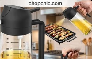 TrendPlain 16oz Glass Oil Sprayer Review: The Dual-Action Heavyweight A clear glass TrendPlain 2-in-1 oil dispenser resting on a kitchen counter next to a cast iron skillet, closely detailing its dual-action plastic lid that features both an ergonomic spray trigger and a gravity-fed pour spout with an automatic flip-cap.