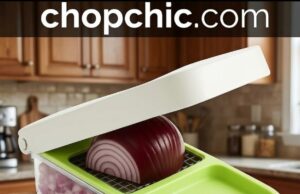 Vidalia Chop Wizard Review: The Onion Chopper That’s Been Around Since the ’90s A classic green and clear plastic Vidalia Chop Wizard resting on a kitchen counter, showing a user applying downward force with both hands on the top lid to push a halved white onion through the stainless steel dicing grid into the catch tray below.