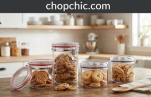 Fridge or Counter? Where You Store Cookies Makes a Bigger Difference Than You Think _A side-by-side visual comparison showing a plate of dry, crumbly chocolate chip cookies inside a cold refrigerator next to a sealed airtight glass jar of soft, fresh cookies resting on a room-temperature kitchen counter.