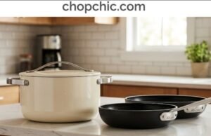 All-Clad HA1 Nonstick Skillet Set Review: The Ultimate Upgrade A pristine pair of dark grey All-Clad HA1 hard-anodized non-stick skillets resting on a professional stainless steel kitchen counter, showcasing their heavy-gauge construction and securely riveted, ergonomic stainless steel handles.