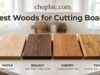 Maple, Walnut or Cherry? The Best Woods for Cutting Boards A top-down view of three premium hardwood cutting boards crafted from light maple, deep walnut, and rich cherry wood, arranged side-by-side with a sharp Damascus chef's knife resting across the surface to demonstrate material contrast.