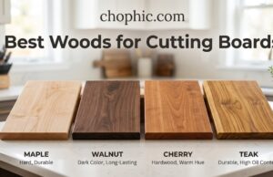 Maple, Walnut or Cherry? The Best Woods for Cutting Boards A top-down view of three premium hardwood cutting boards crafted from light maple, deep walnut, and rich cherry wood, arranged side-by-side with a sharp Damascus chef's knife resting across the surface to demonstrate material contrast.