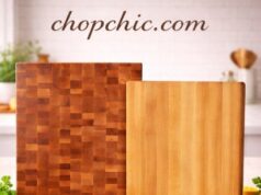 The Ultimate Guide: Best Wood Cutting Boards for Serious Cooks A side-by-side comparison on a kitchen counter displaying the distinctive checkerboard pattern of a dark walnut end-grain chopping block next to the long, parallel wood fibers of a light maple edge-grain cutting board, with a professional chef's knife resting between them.