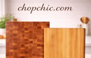 The Ultimate Guide: Best Wood Cutting Boards for Serious Cooks A side-by-side comparison on a kitchen counter displaying the distinctive checkerboard pattern of a dark walnut end-grain chopping block next to the long, parallel wood fibers of a light maple edge-grain cutting board, with a professional chef's knife resting between them.