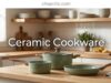 Is Ceramic Cookware Safe? The Truth Behind Non-Stick Coatings A pristine ceramic-coated skillet resting on a modern induction stovetop alongside fresh vegetables, visually highlighting its smooth, brightly colored, and toxin-free cooking surface.
