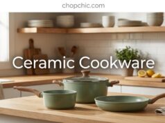 Is Ceramic Cookware Safe? The Truth Behind Non-Stick Coatings A pristine ceramic-coated skillet resting on a modern induction stovetop alongside fresh vegetables, visually highlighting its smooth, brightly colored, and toxin-free cooking surface.
